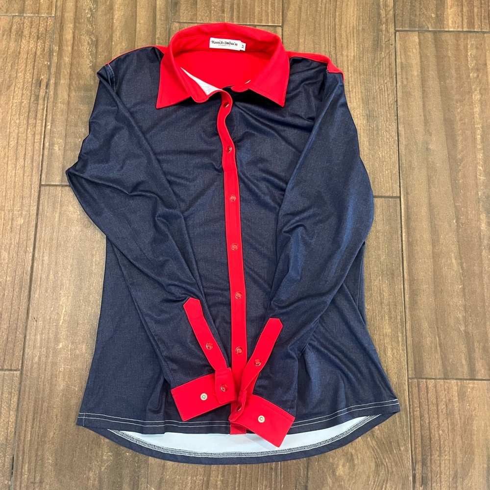 BRAND NEW - denim + red ranch dressn rodeo performance shirt